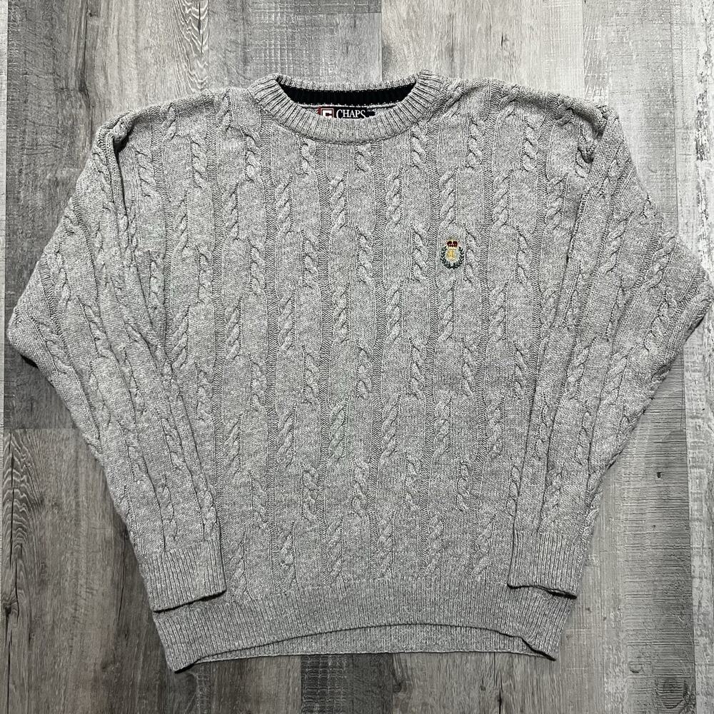 VTG Chaps Ralph Lauren Grey Cable Knit Crest Logo Pullover Sweater USA Made Sz L
